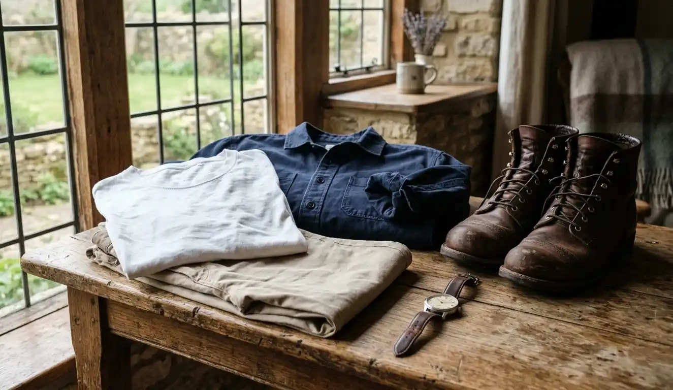 Classic menswear essentials arranged on a wooden table indoors.