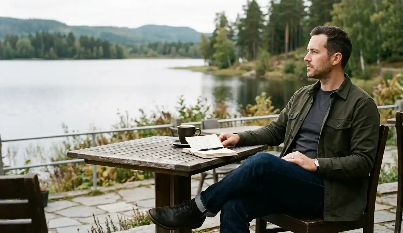 Man sitting beside a lake wearing simple classic menswear.
