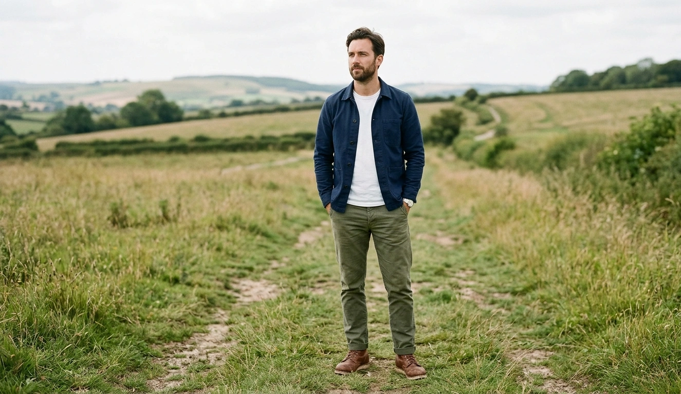 Man standing on a countryside path wearing simple timeless menswear.