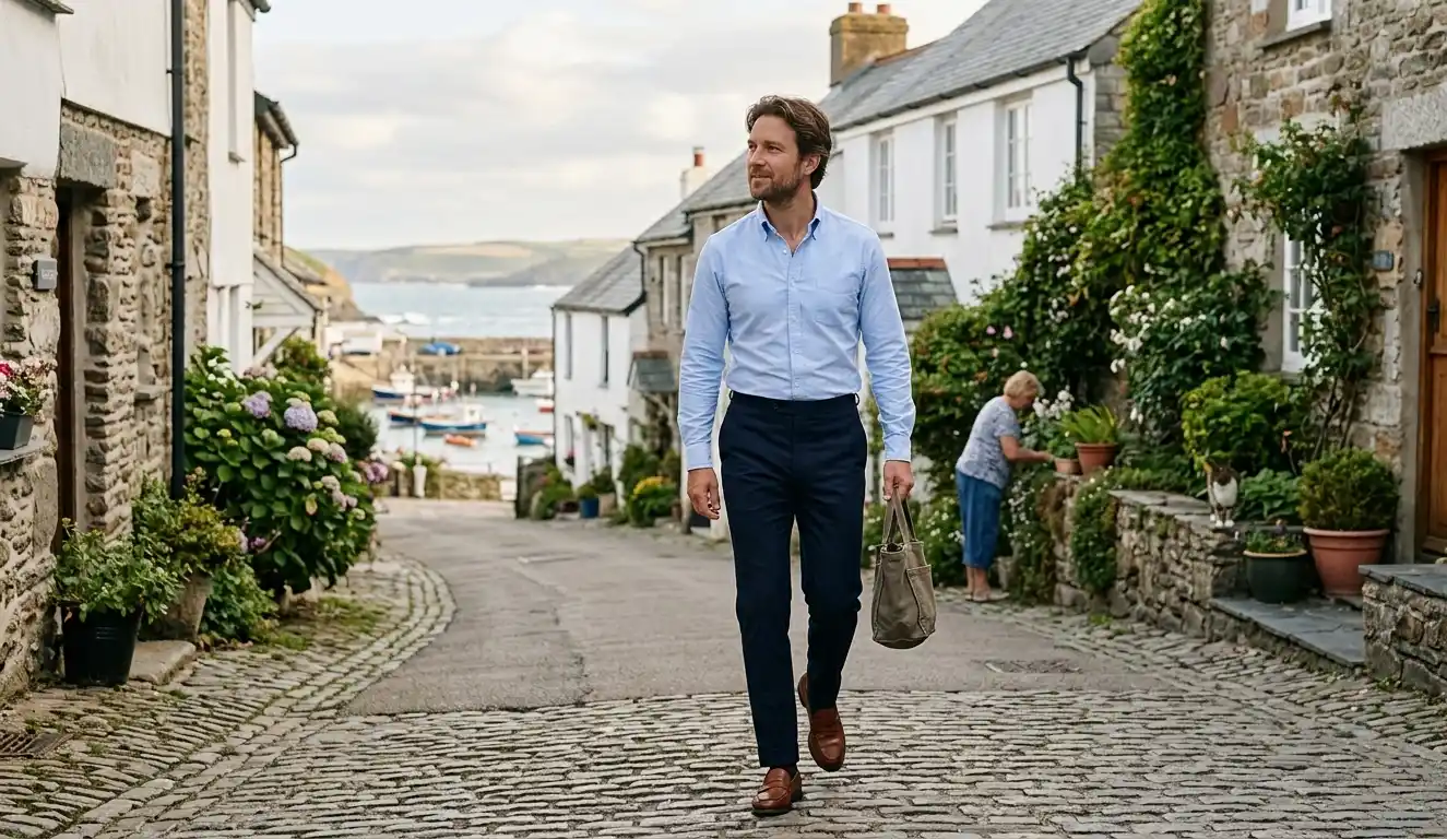 Man wearing a well-fitted shirt and trousers while walking outdoors.