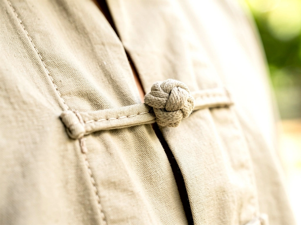 Close-up of a traditional Chinese pankou knot fastening on a light beige men's overshirt.
