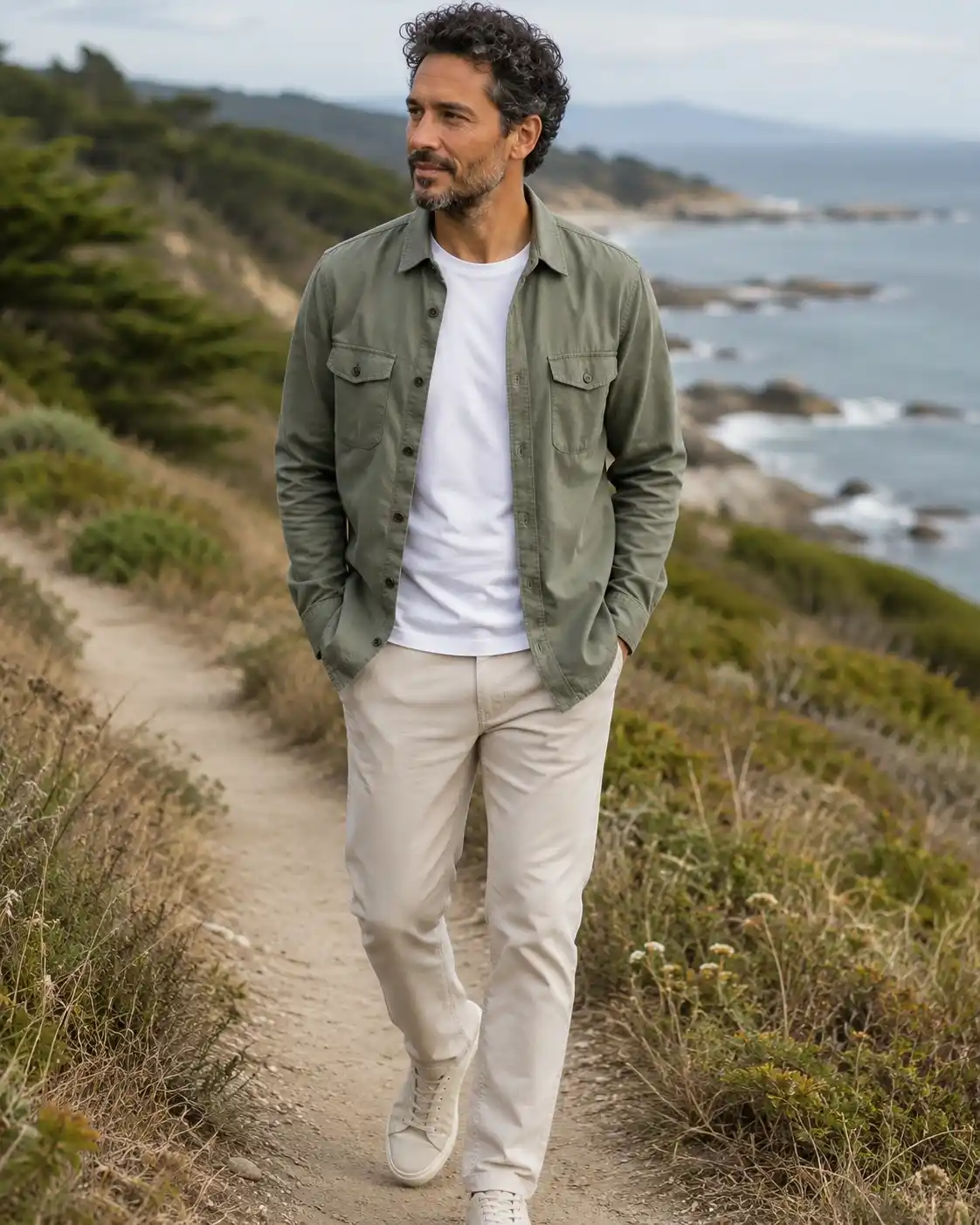 Man walking comfortably outdoors in well-fitted casual clothing.
