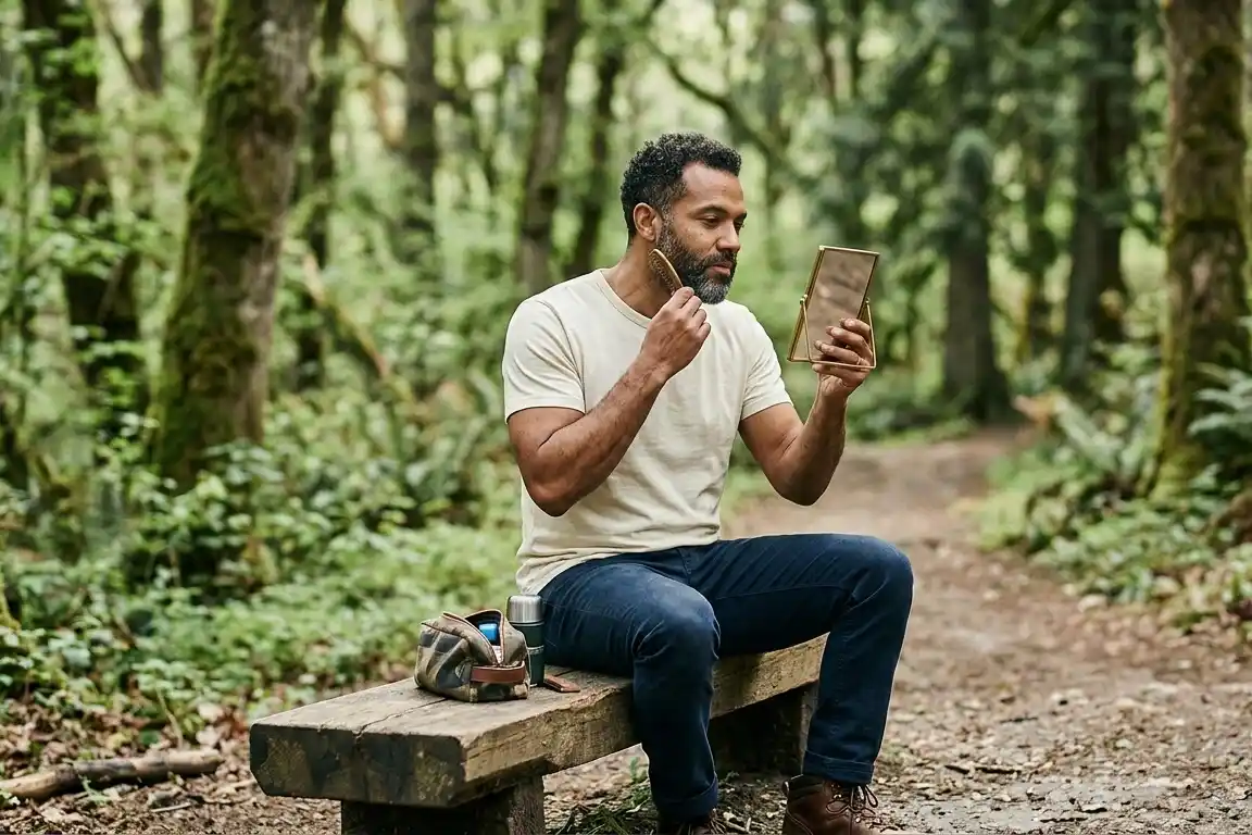 Man brushing and tidying his beard outdoors with a grooming comb.