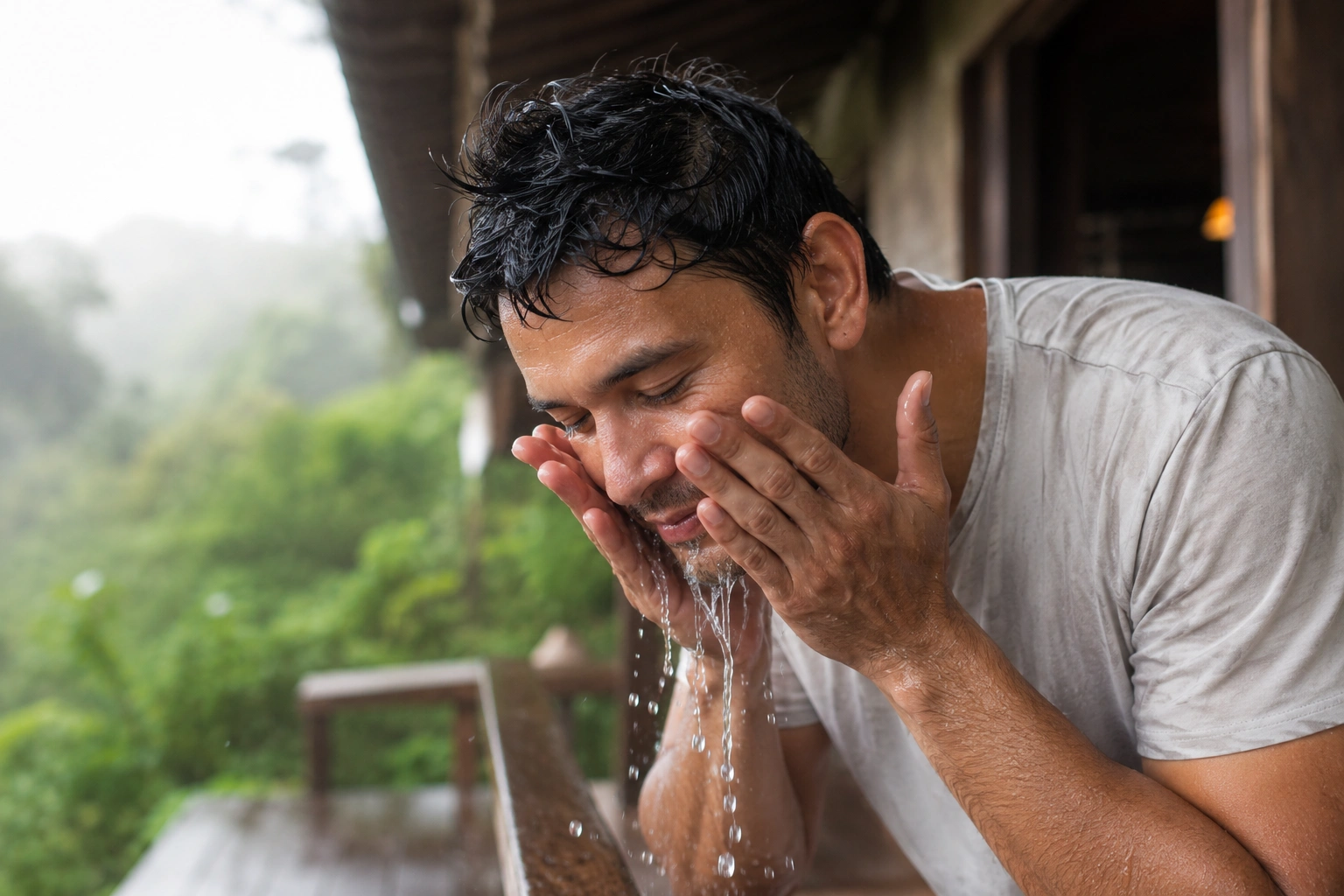 Man outdoors refreshing his face with cold water during a simple morning grooming routine.