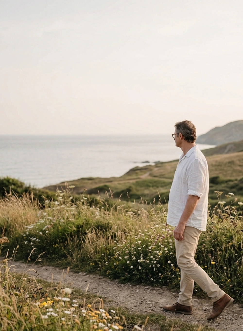 Hanan walking along a coastal path overlooking the sea.