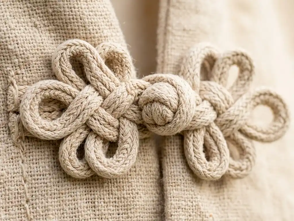 Close-up detail of a traditional Chinese pankou knot fastening on a light beige jacket.