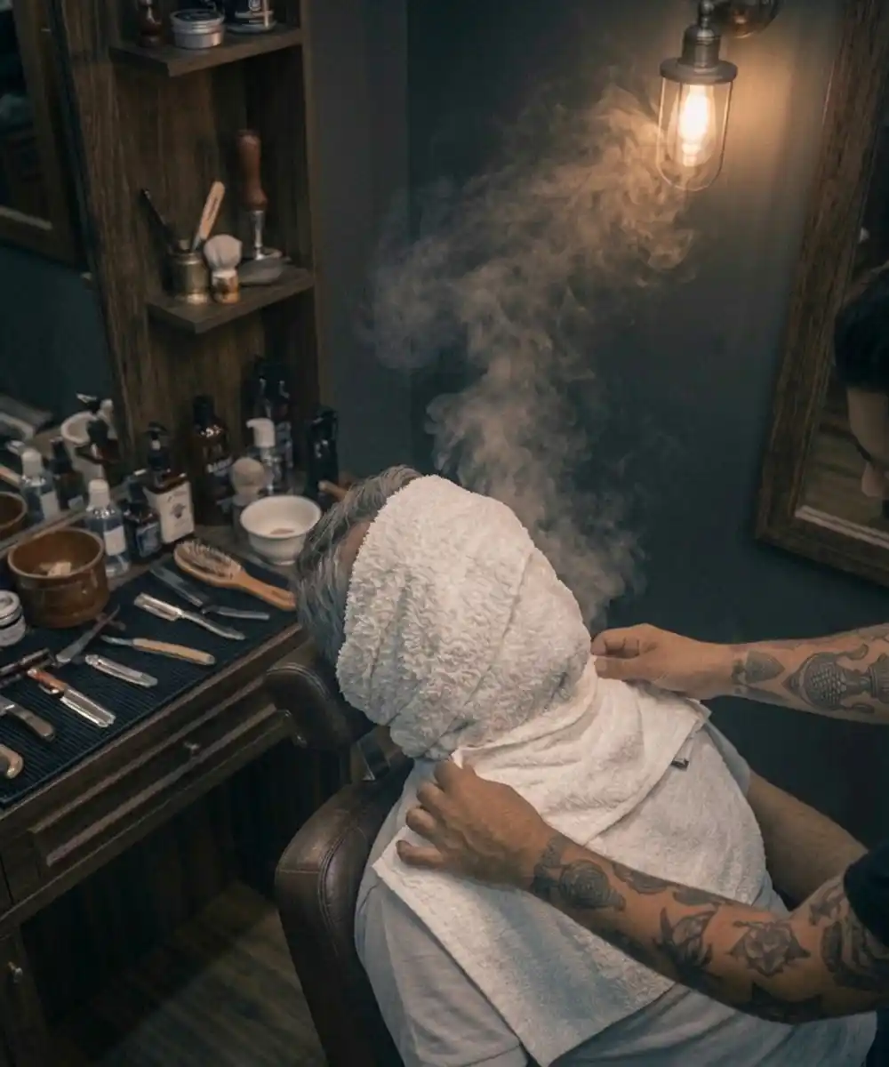 A customer relaxes beneath a hot towel during a traditional barber shave.