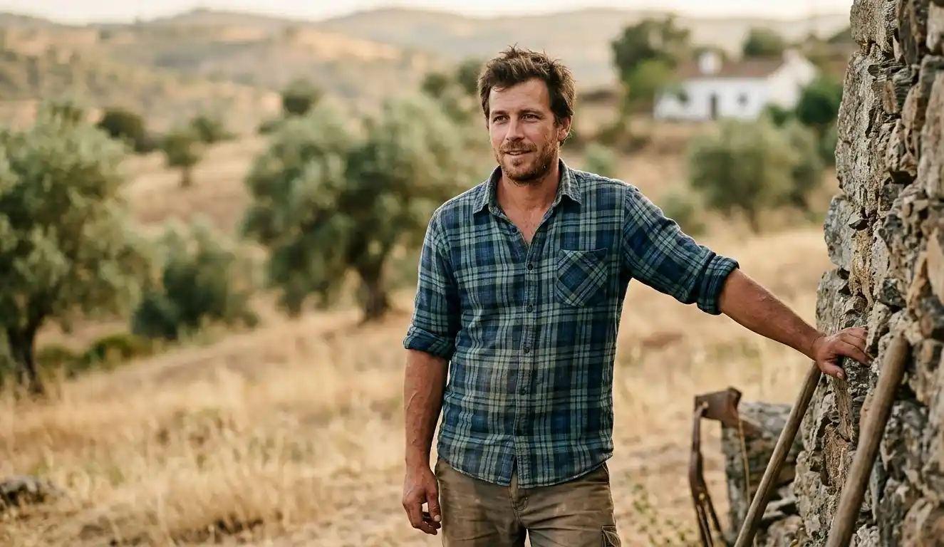 Portuguese carpenter standing outdoors near a stone wall in the countryside.