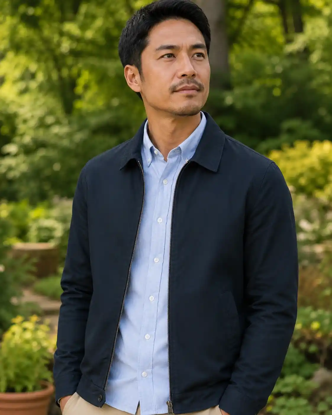 Close-up showing proper shoulder fit and sleeve length on a casual jacket.