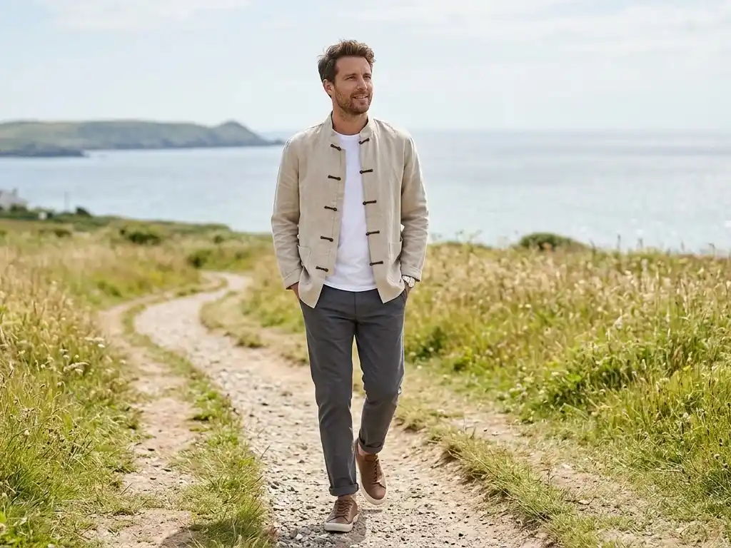 Man wearing a contemporary jacket with traditional Chinese pankou fastenings outdoors.