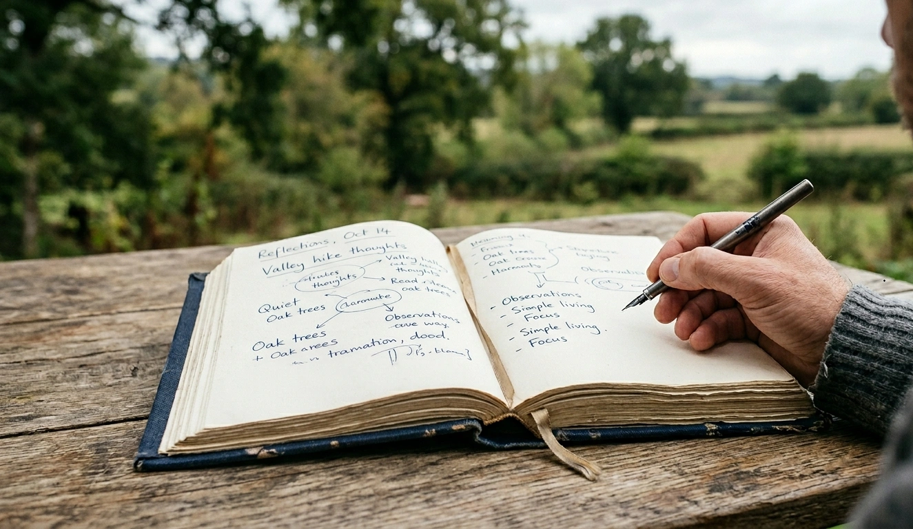 Open notebook on a wooden outdoor table with handwritten notes and a pen.