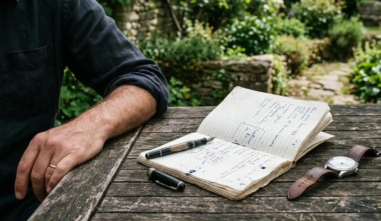 Notebook, fountain pen and wristwatch on an outdoor wooden table.