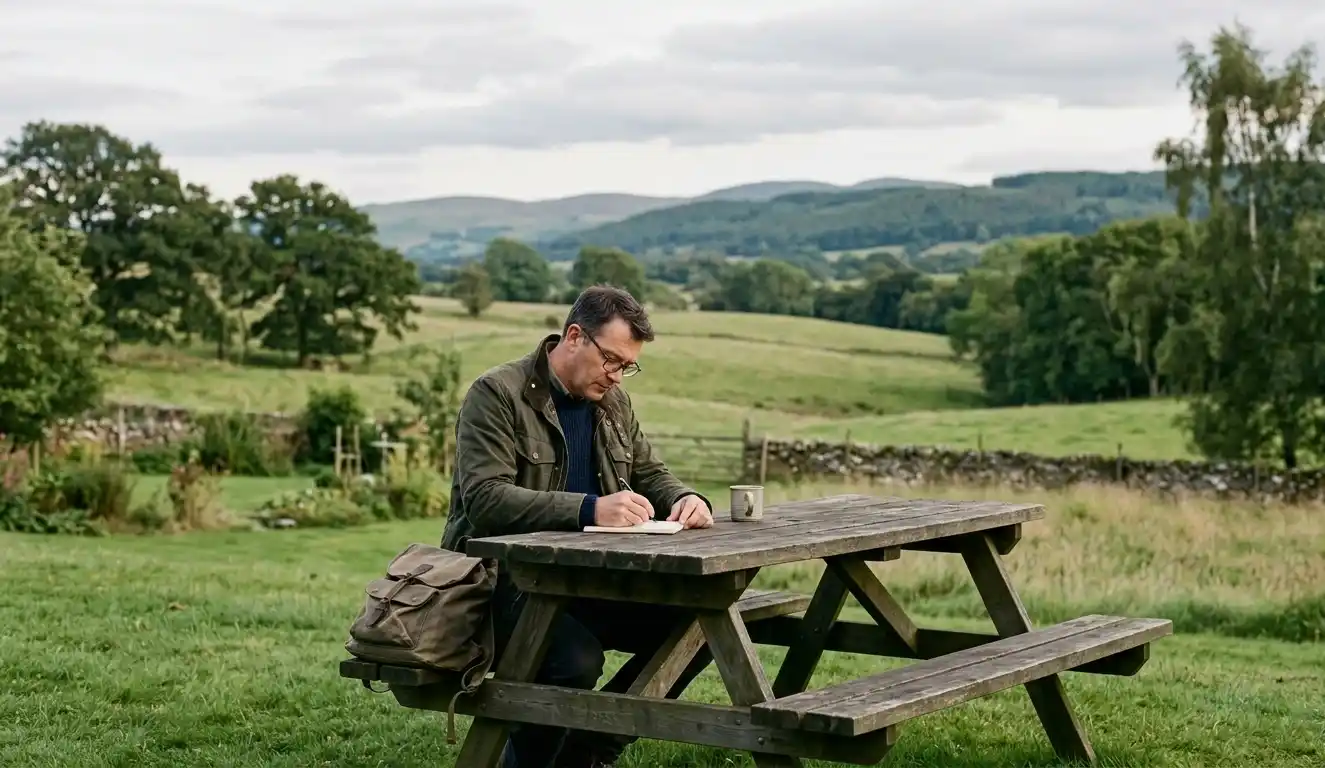 Man writing in a notebook at a picnic table in a peaceful countryside setting.