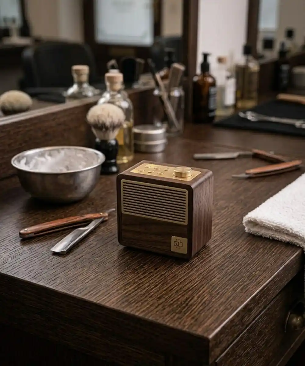 A small speaker on a barber's workstation beside traditional shaving equipment.