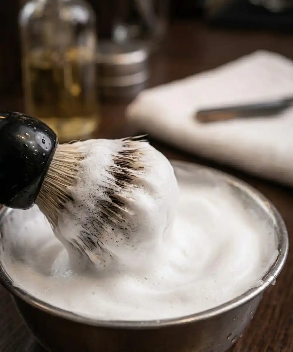 A shaving brush covered in lather resting in a metal bowl on a barber's workstation.