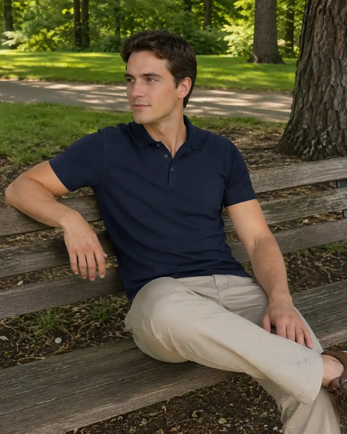 Man sitting on a bench outdoors wearing a well-fitted polo shirt and chinos.