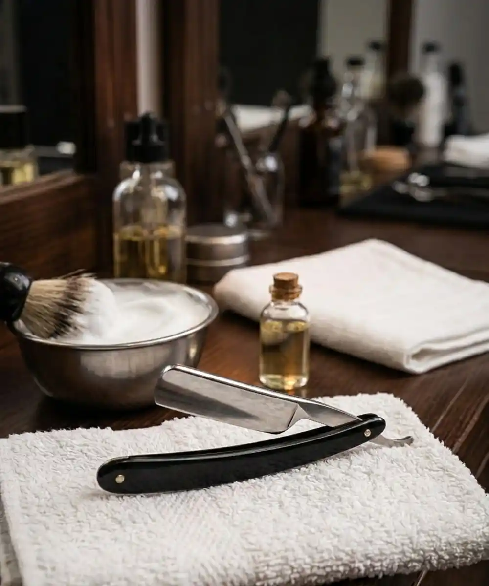 A traditional straight razor resting on a folded towel beside shaving tools.