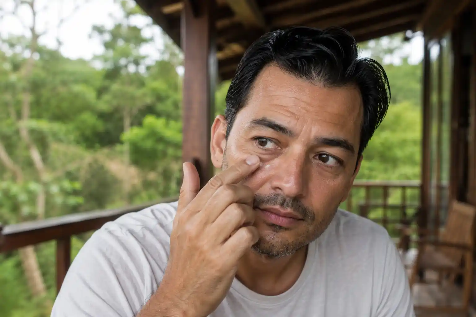 Man applying eye gel outdoors as part of a quick morning grooming routine.