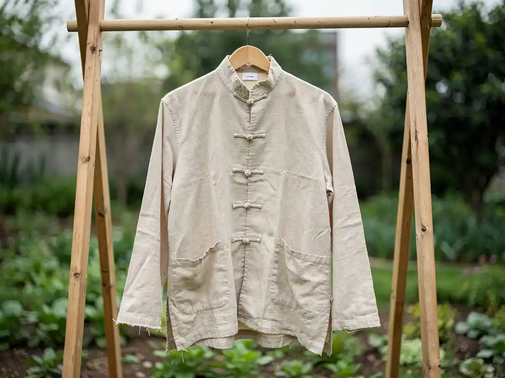 Traditional Chinese jacket with pankou fastenings hanging outdoors.