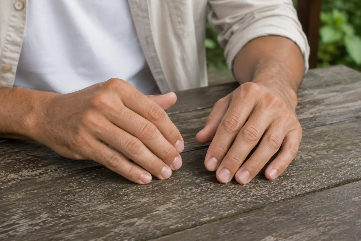 Close-up of clean and well-groomed male hands resting on an outdoor wooden table.