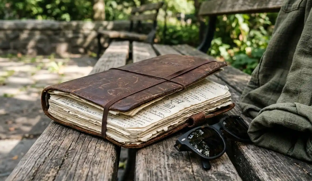 Well-used leather notebook with worn pages resting on a wooden bench.