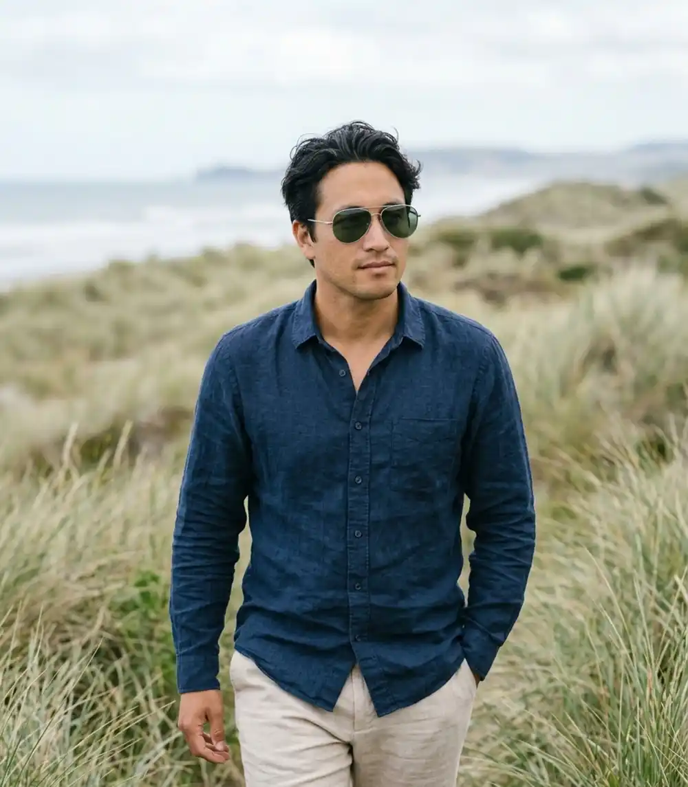 Man wearing aviator sunglasses walking along a coastal trail.