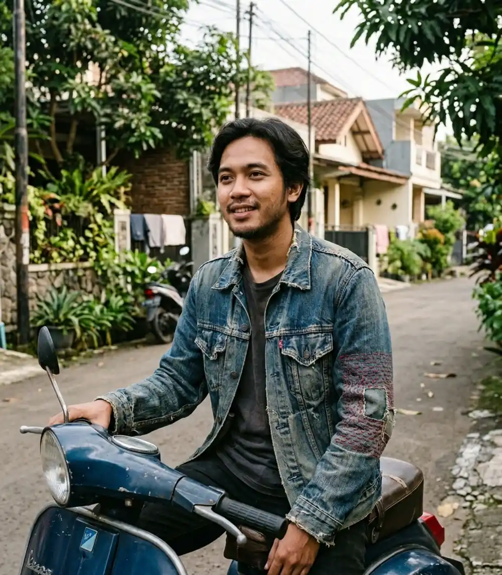 An Indonesian man wearing a faded denim trucker jacket with a red-stitched sleeve repair while seated on a vintage Vespa in Bandung.