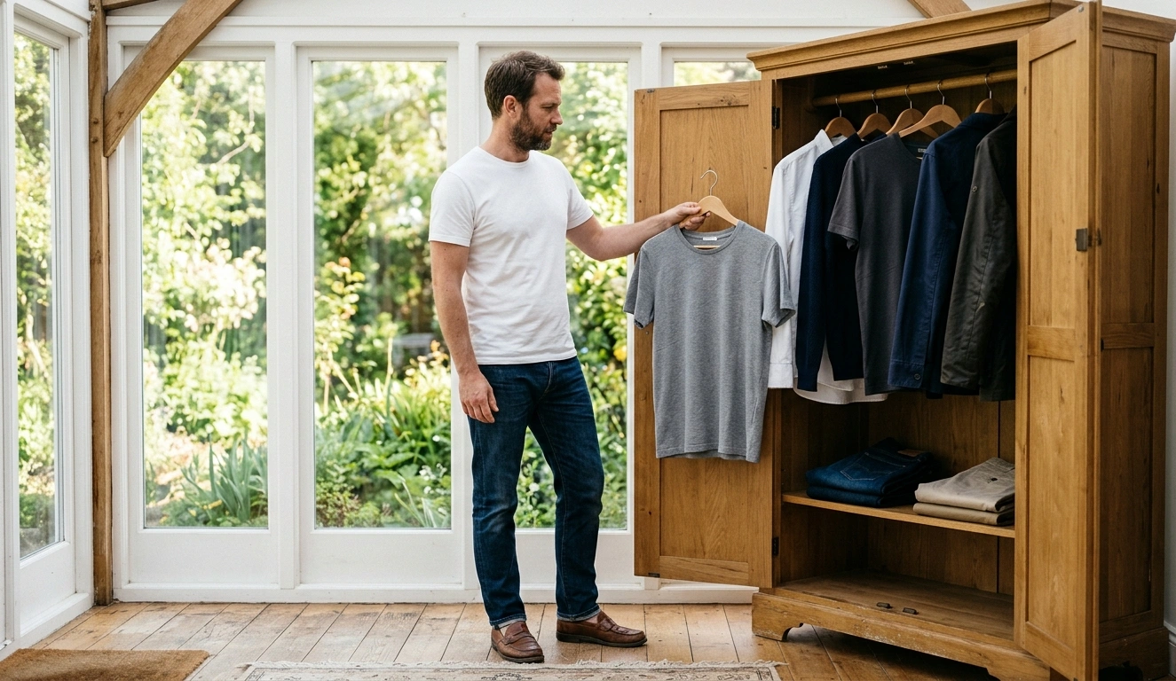 Man standing beside a small wardrobe containing a carefully selected collection of clothes.