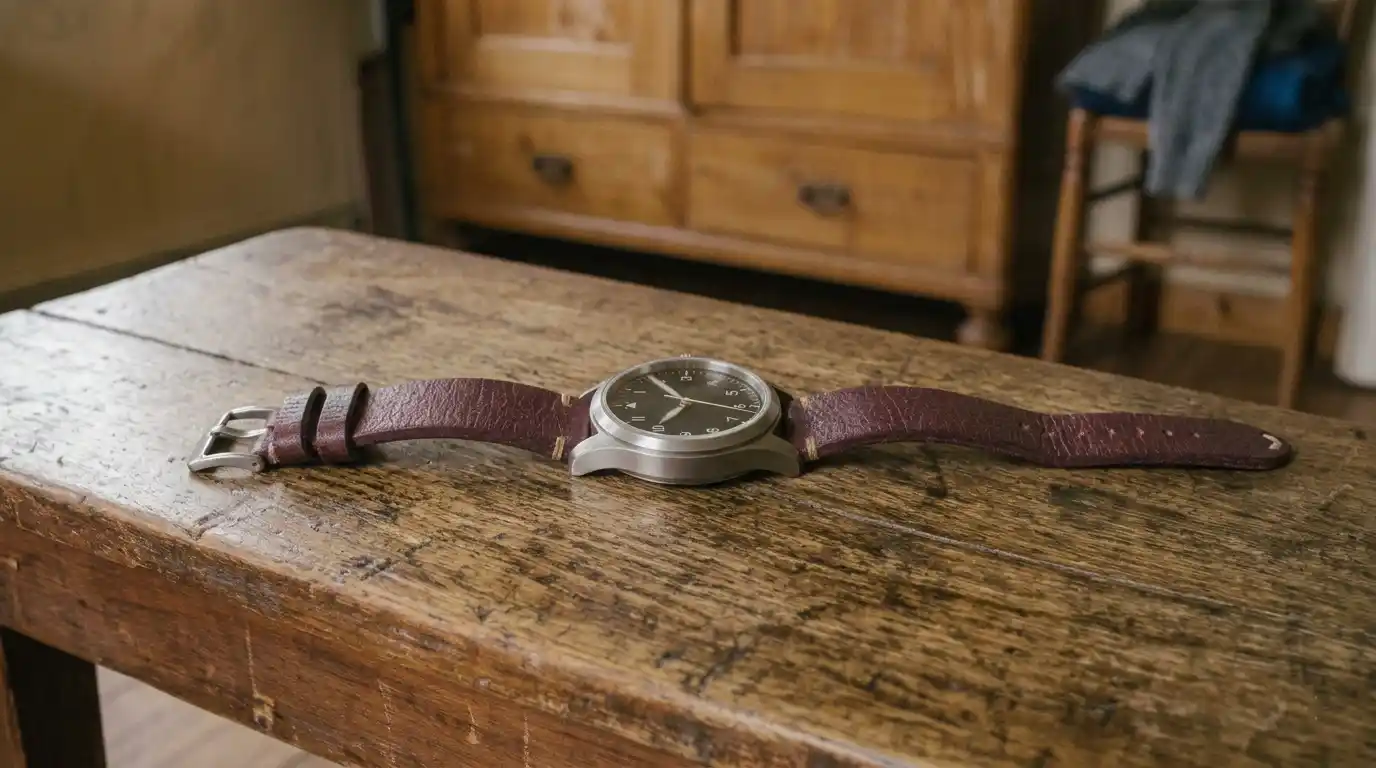 Stainless steel watch with a burgundy leather strap resting on a table.