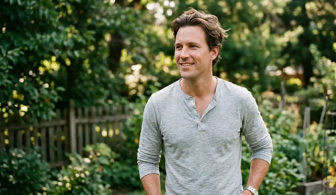 Clean-shaven man outdoors with healthy skin and visible natural texture.