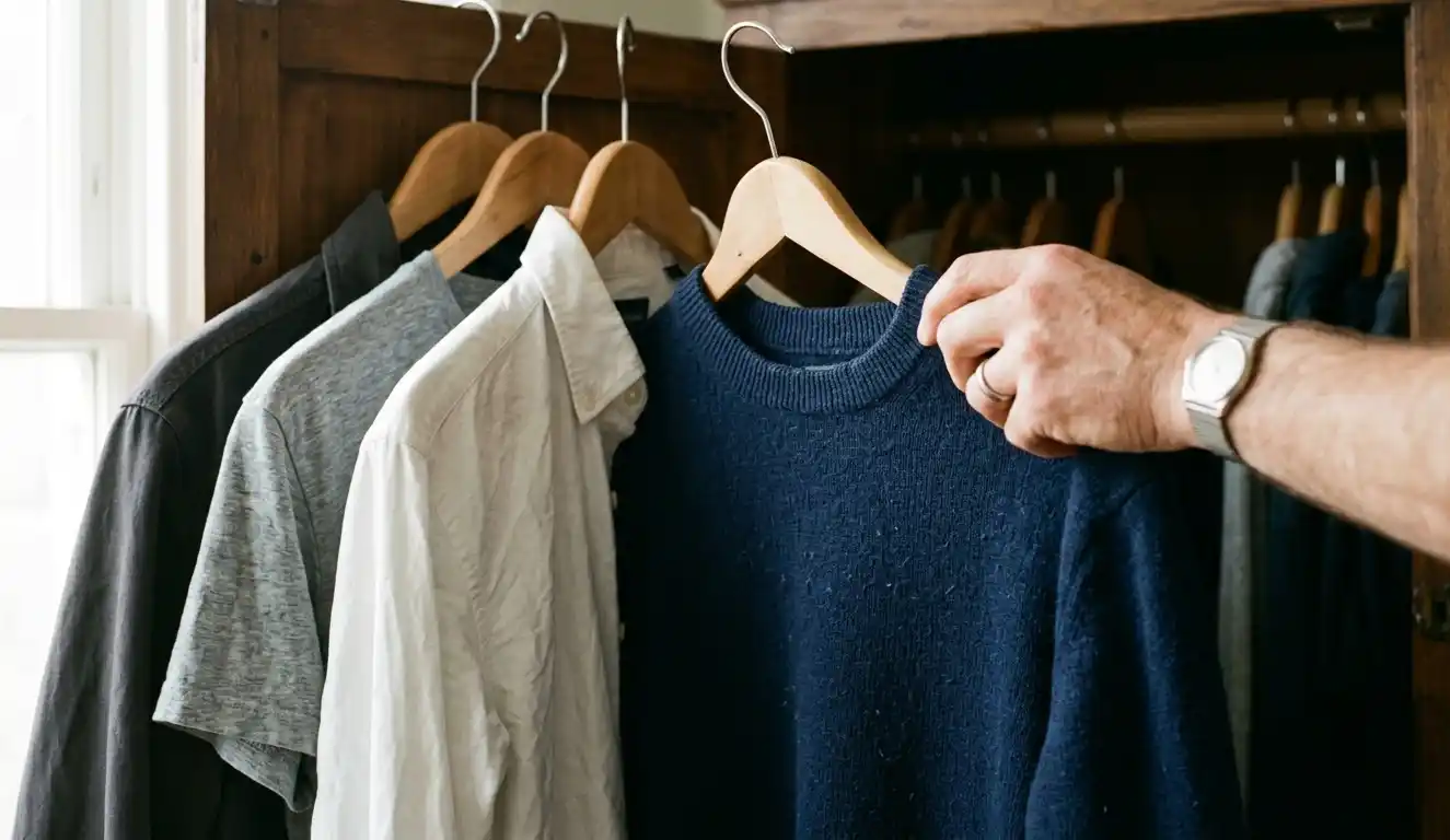 Hand reaching for a navy jumper inside a wardrobe of everyday menswear staples.