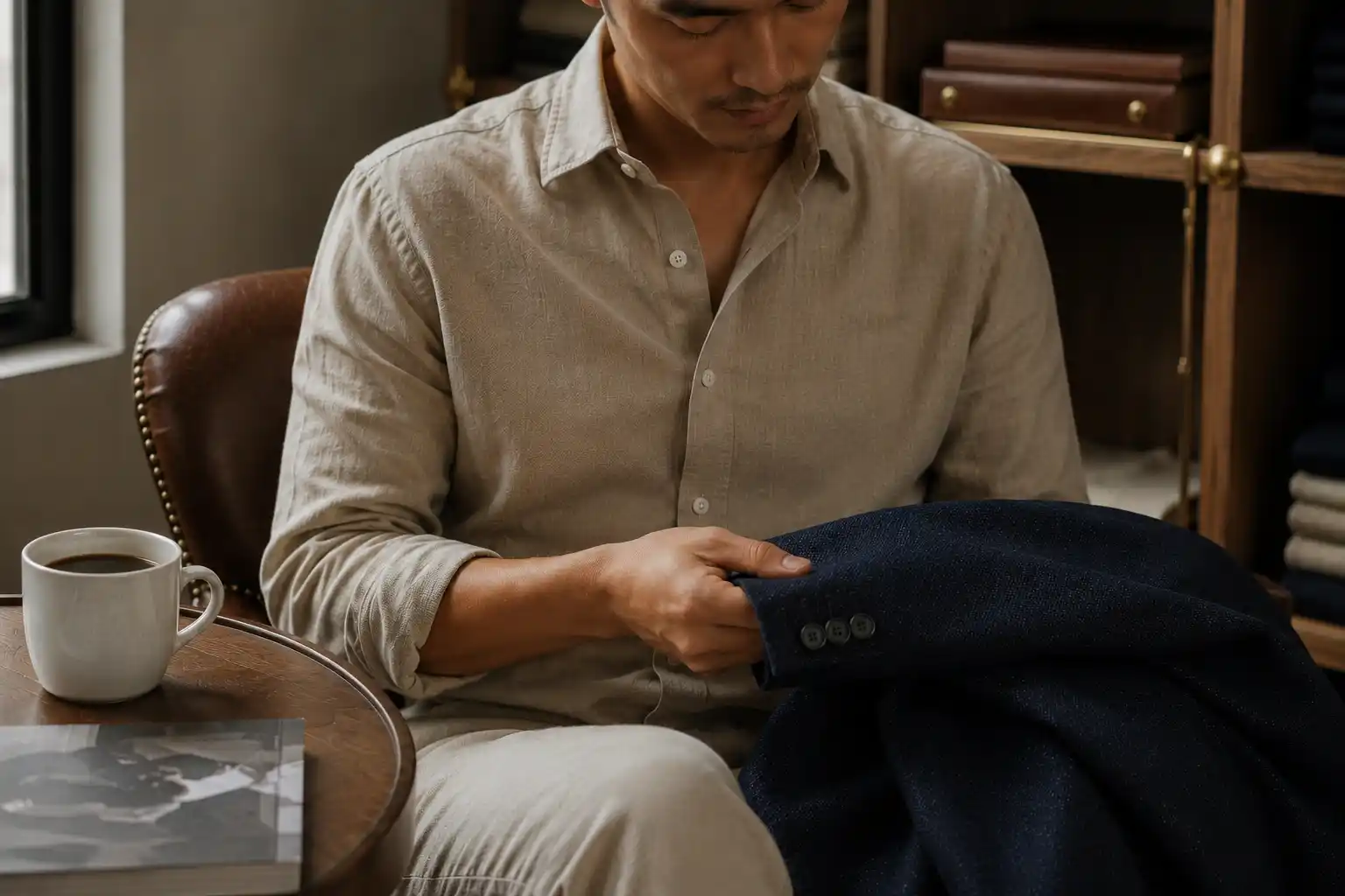 Man examining a wool blazer while enjoying coffee in a menswear boutique.