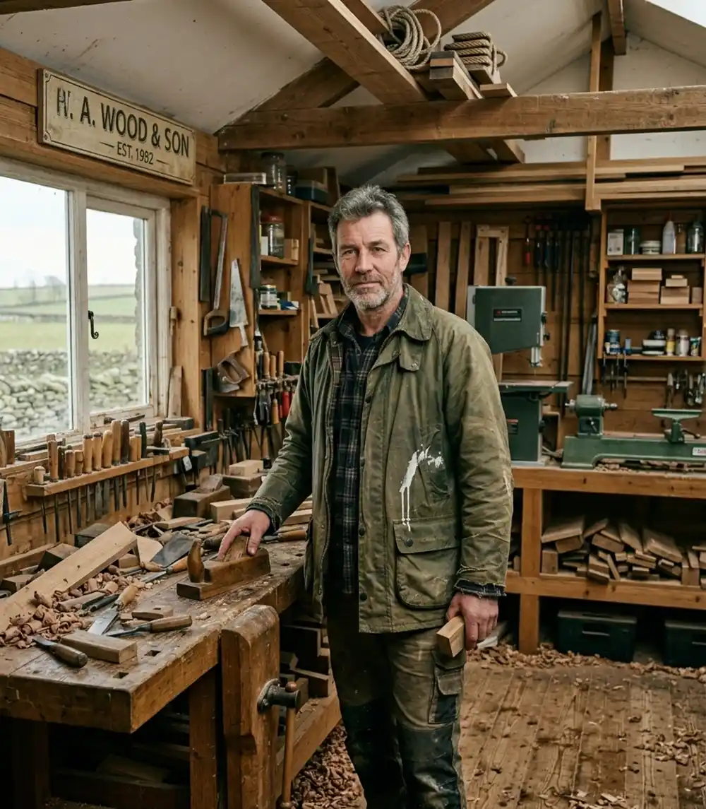 A man wearing a worn olive-green waxed jacket stands inside a traditional woodworking workshop in North Yorkshire.
