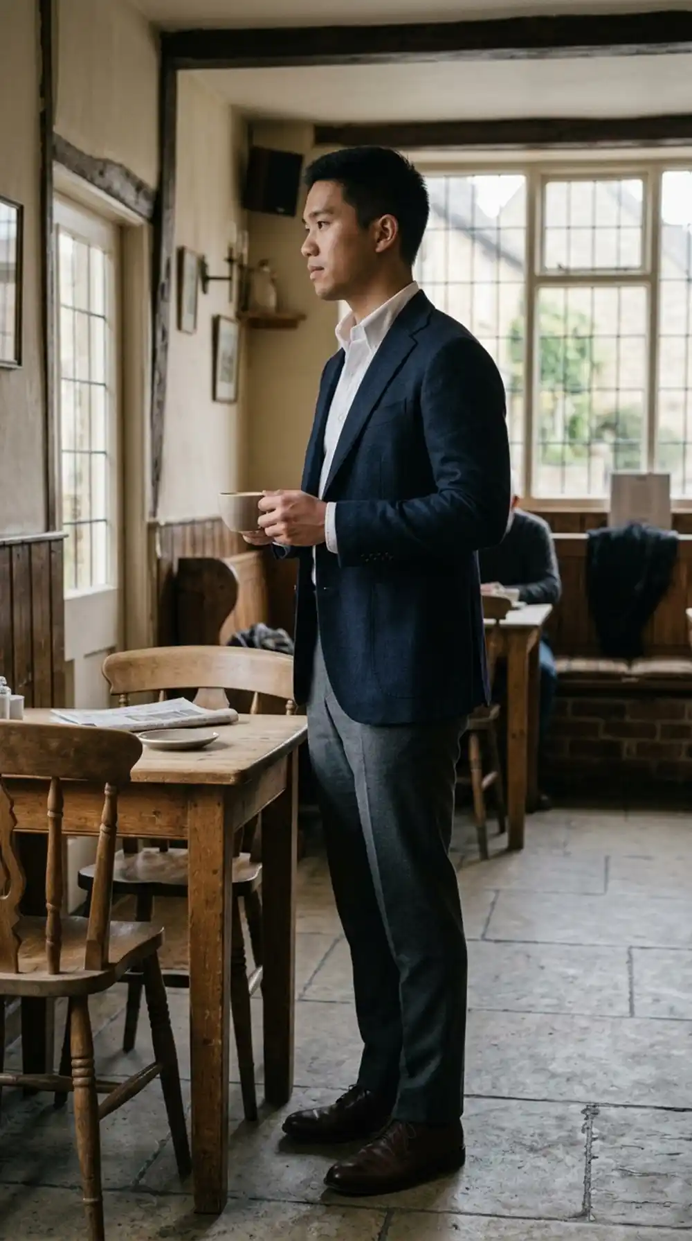 Man wearing a well-fitted navy blazer and white Oxford shirt in a café.