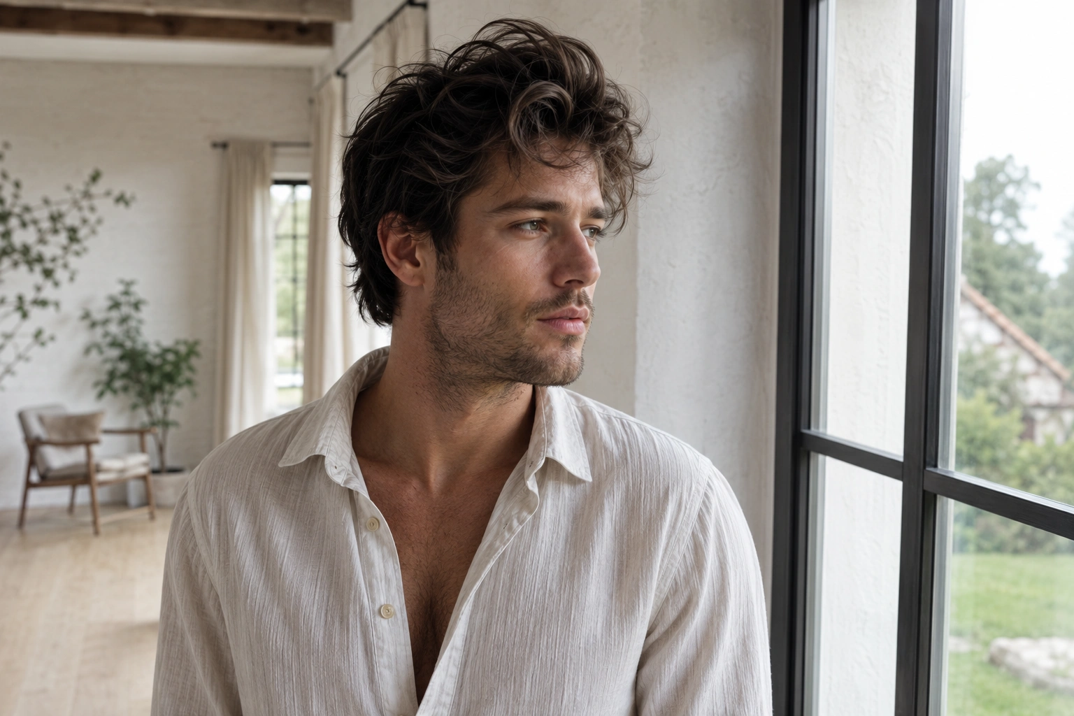 Man with messy textured hair and three-day stubble wearing an open linen shirt beside a window in a bright rural home.