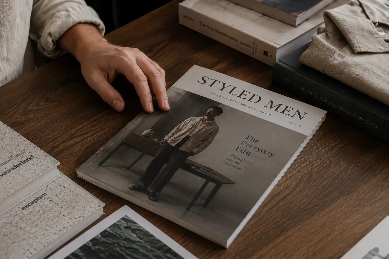 Hand at fashion magazines beside folded linen clothing.