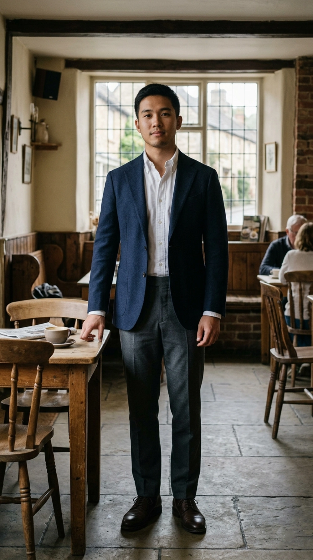 Man wearing a well-fitted navy blazer and white Oxford shirt in a café.