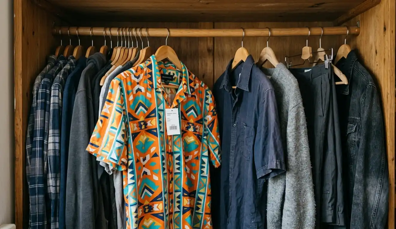 Bright patterned shirt with original tag hanging among well-worn neutral clothing.