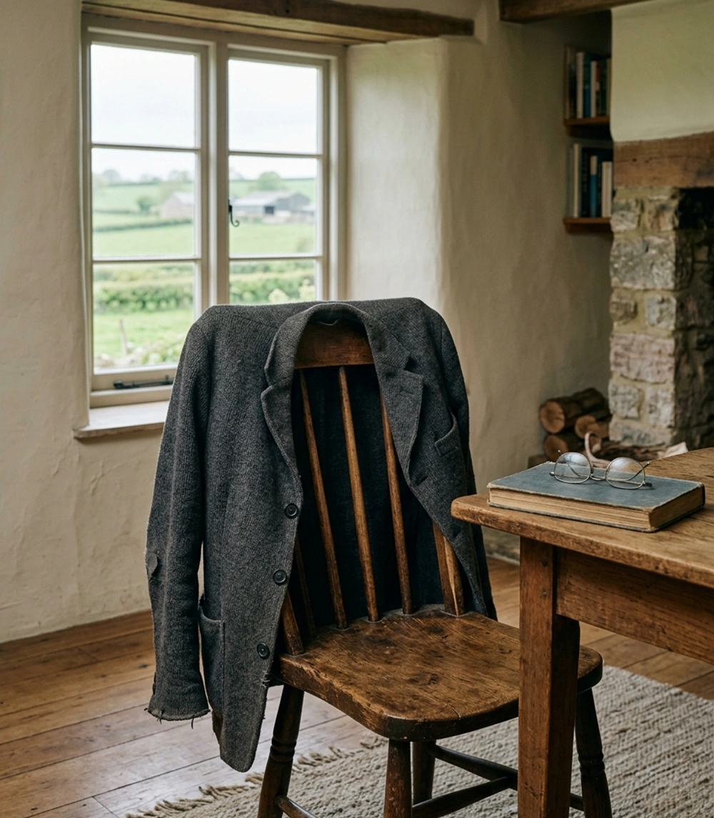 A worn charcoal-grey wool jacket draped over a wooden chair in a rural farmhouse.
