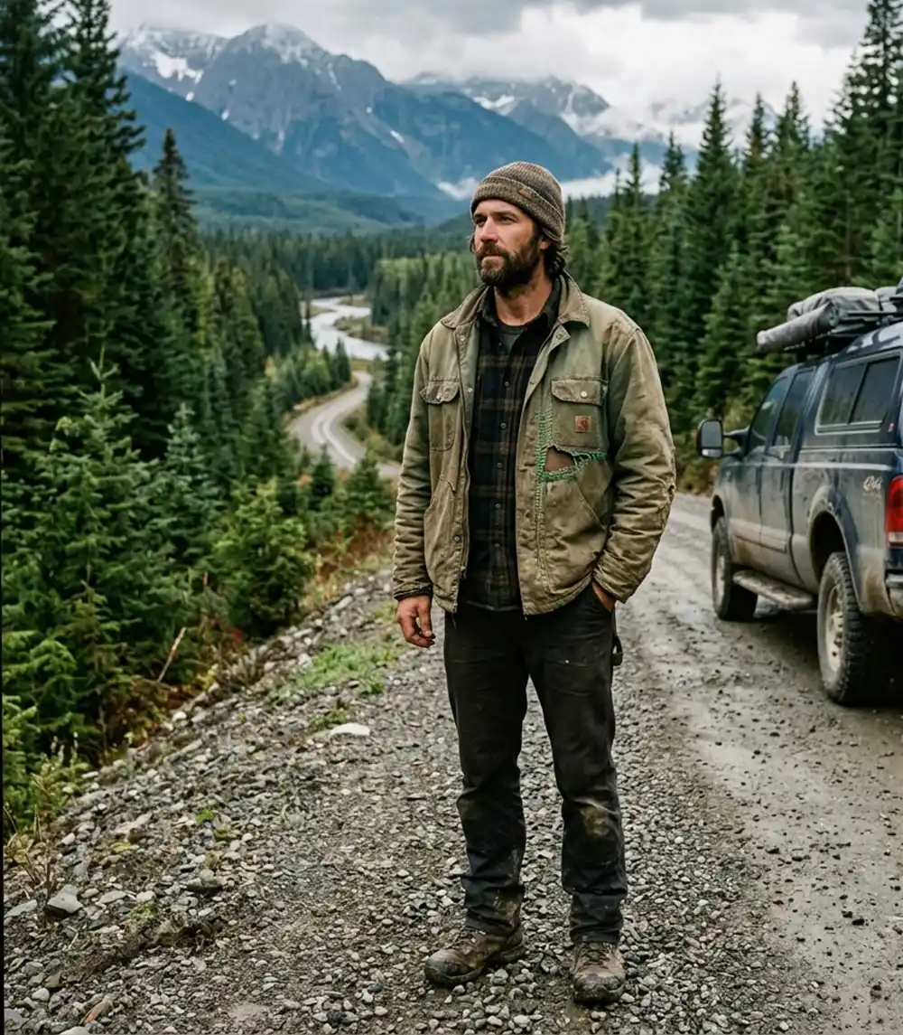 A man wearing a worn canvas field jacket with a green-stitched repair stands in the wilderness of British Columbia.