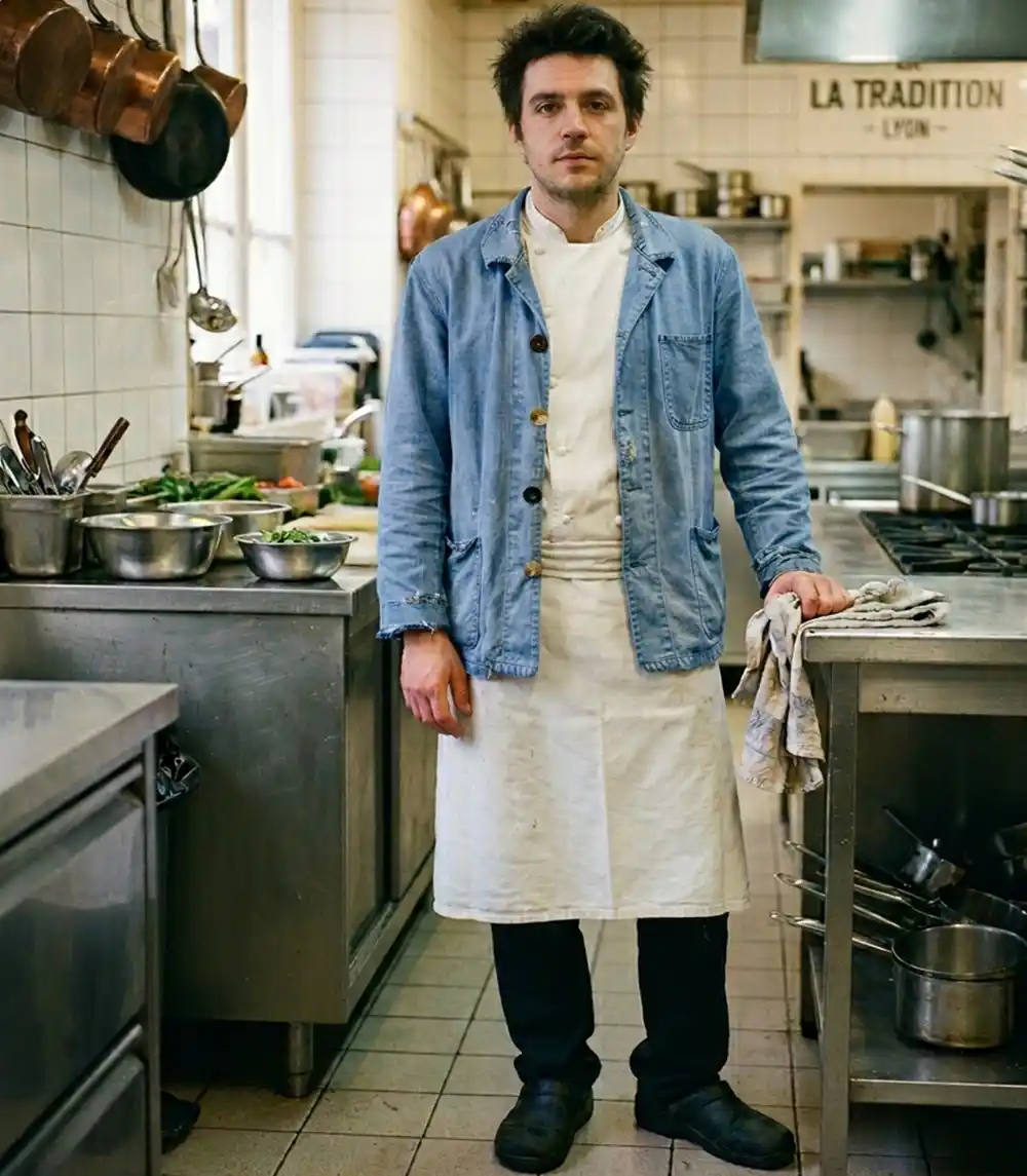 A French chef wearing a faded blue cotton work jacket with mismatched buttons in a professional kitchen in Lyon.