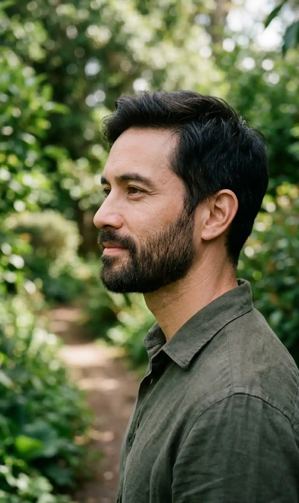 Side-profile view of a man with a neatly maintained beard and defined neckline.