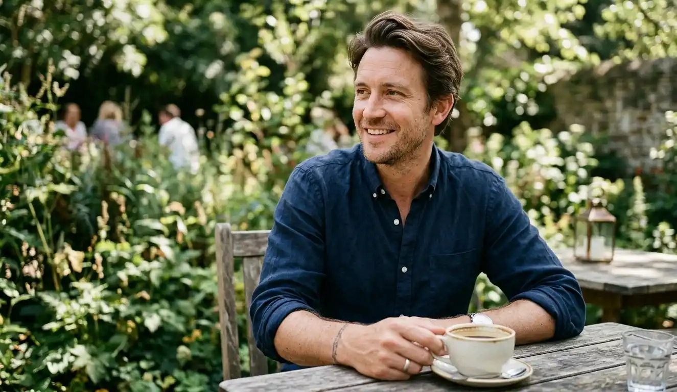 Man holding a coffee cup outdoors with clean, well-maintained hands visible.