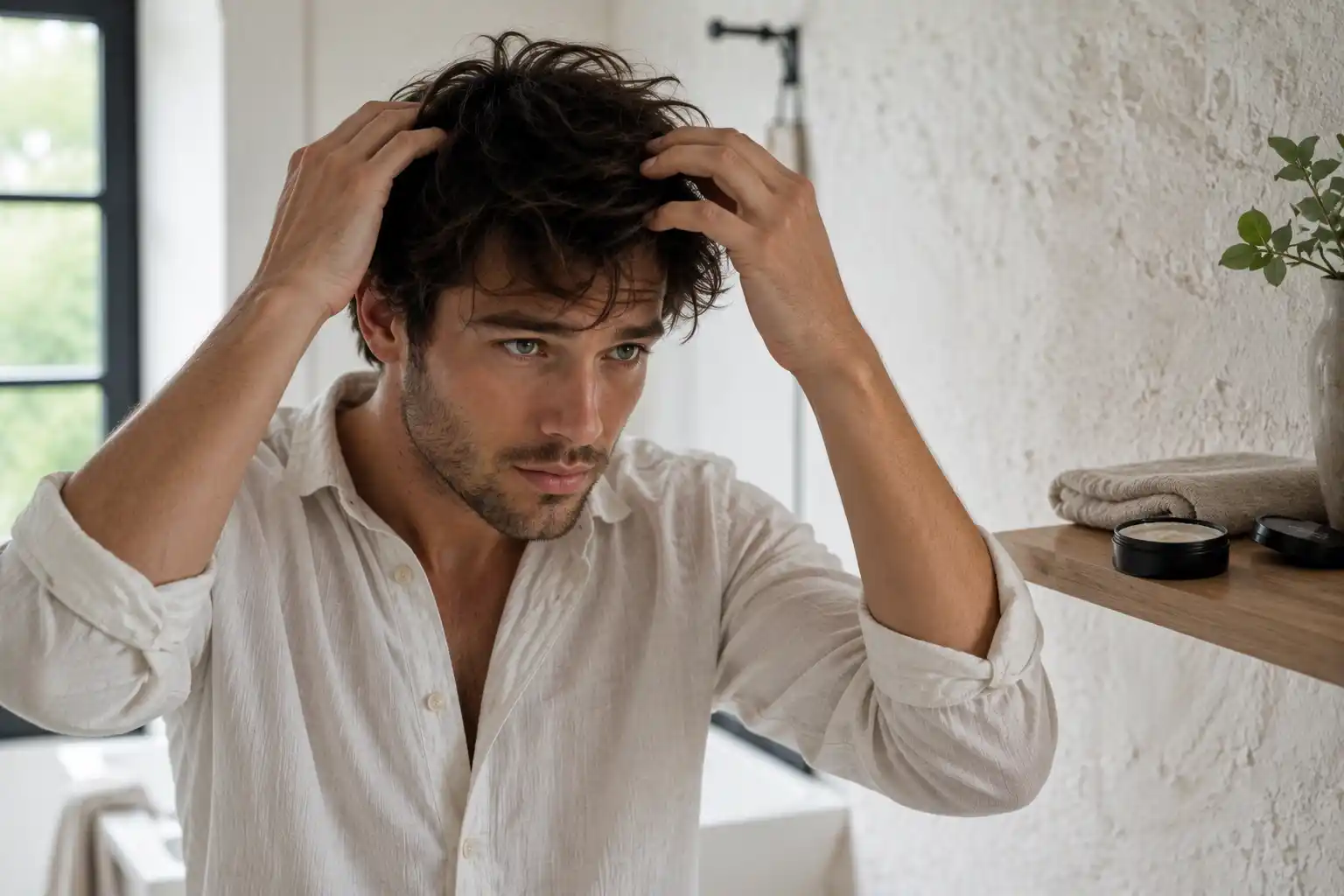 Man styling messy textured hair with his fingers beside a window.