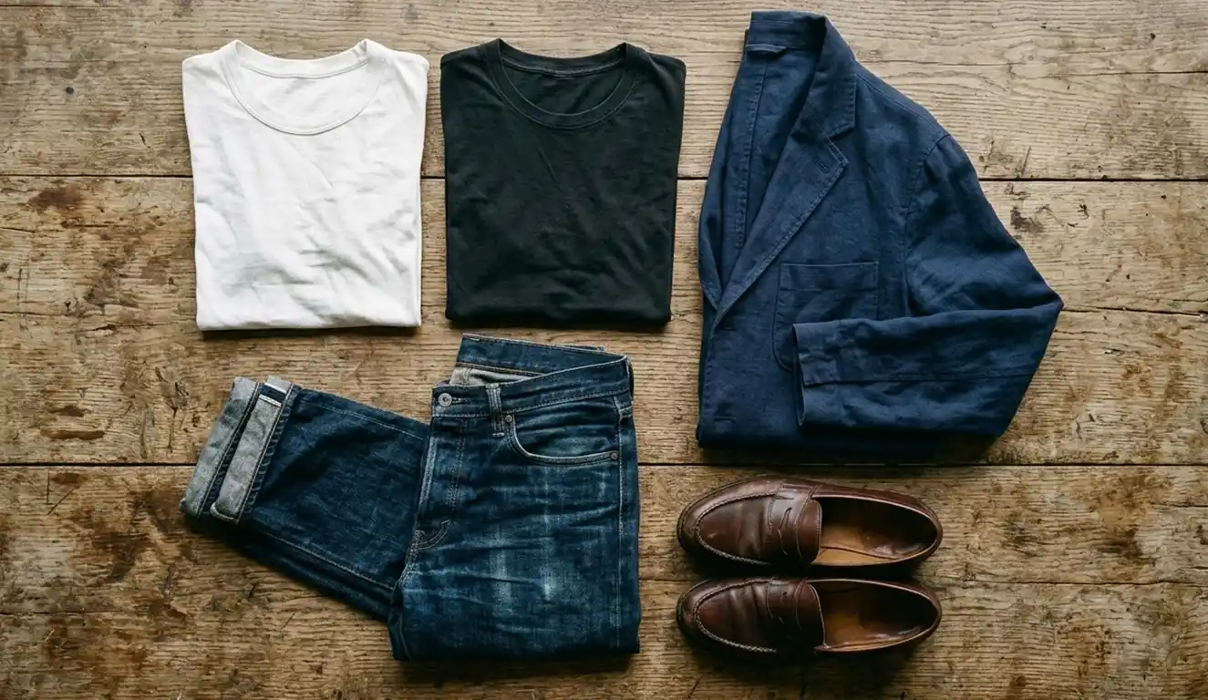 Classic menswear basics arranged neatly on an outdoor wooden table.