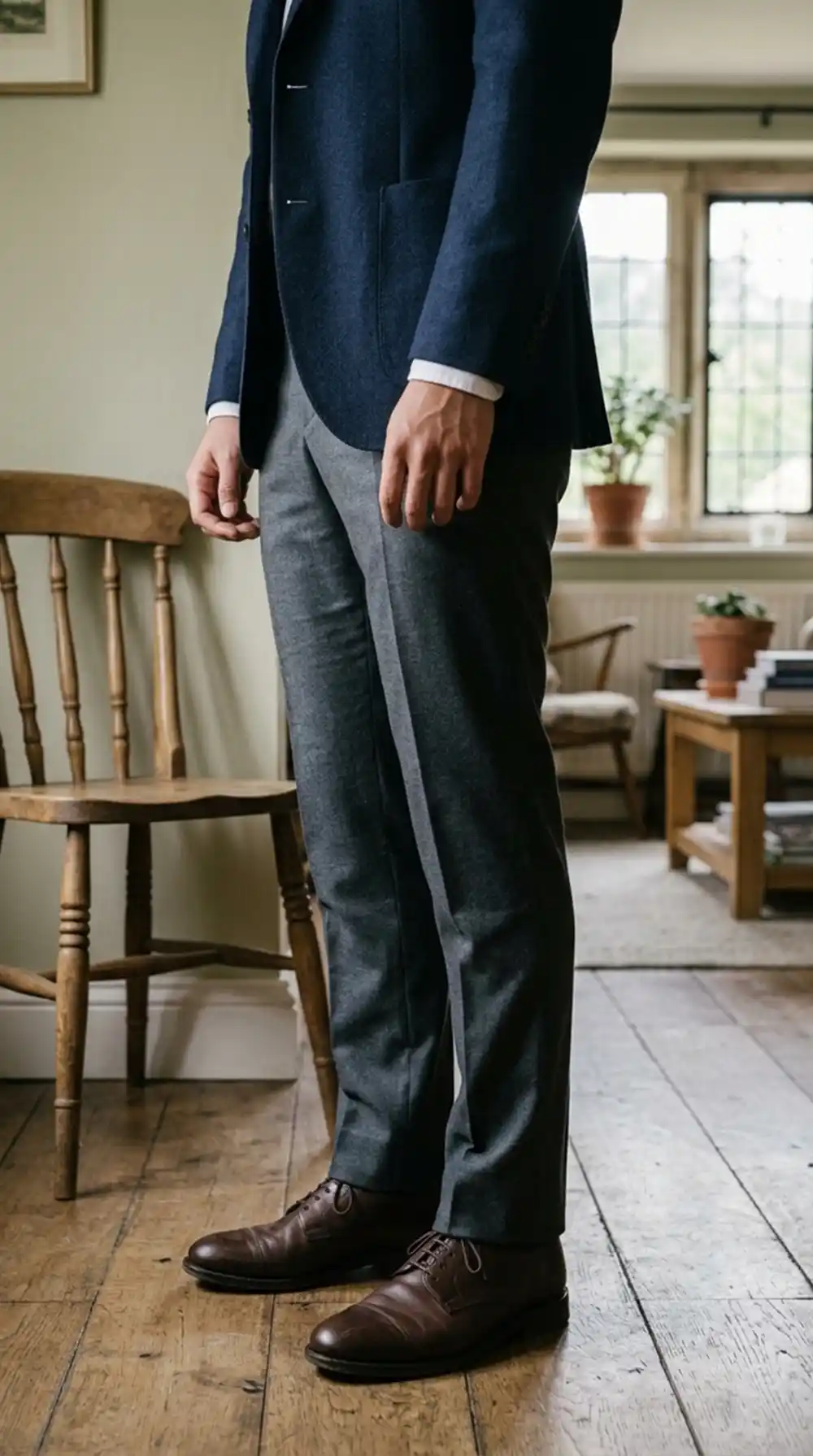 Close-up of a man’s correctly fitted jacket sleeve, shirt cuff and tailored trousers.