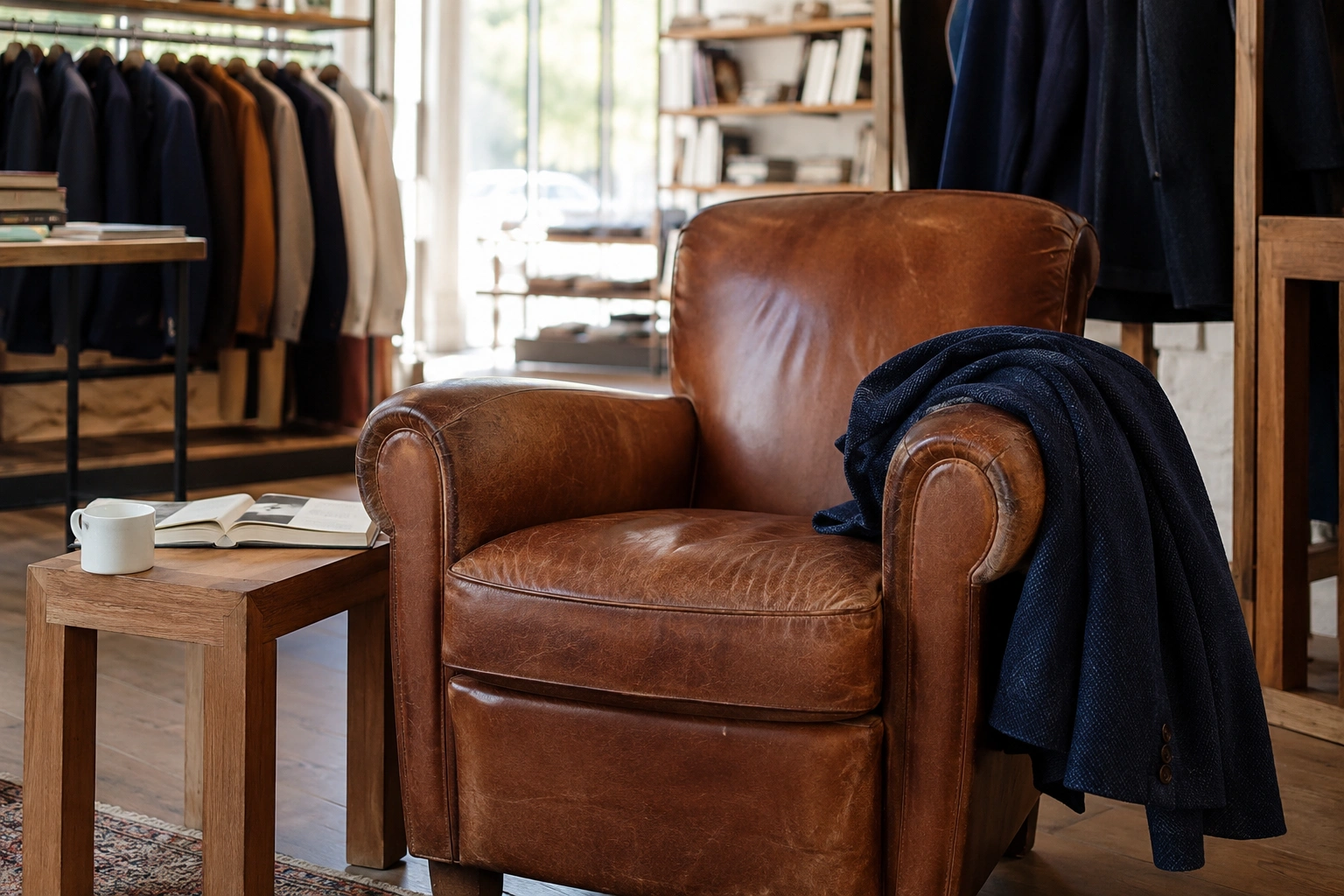 Leather armchair with a wool blazer, coffee and book inside a quiet independent menswear boutique.