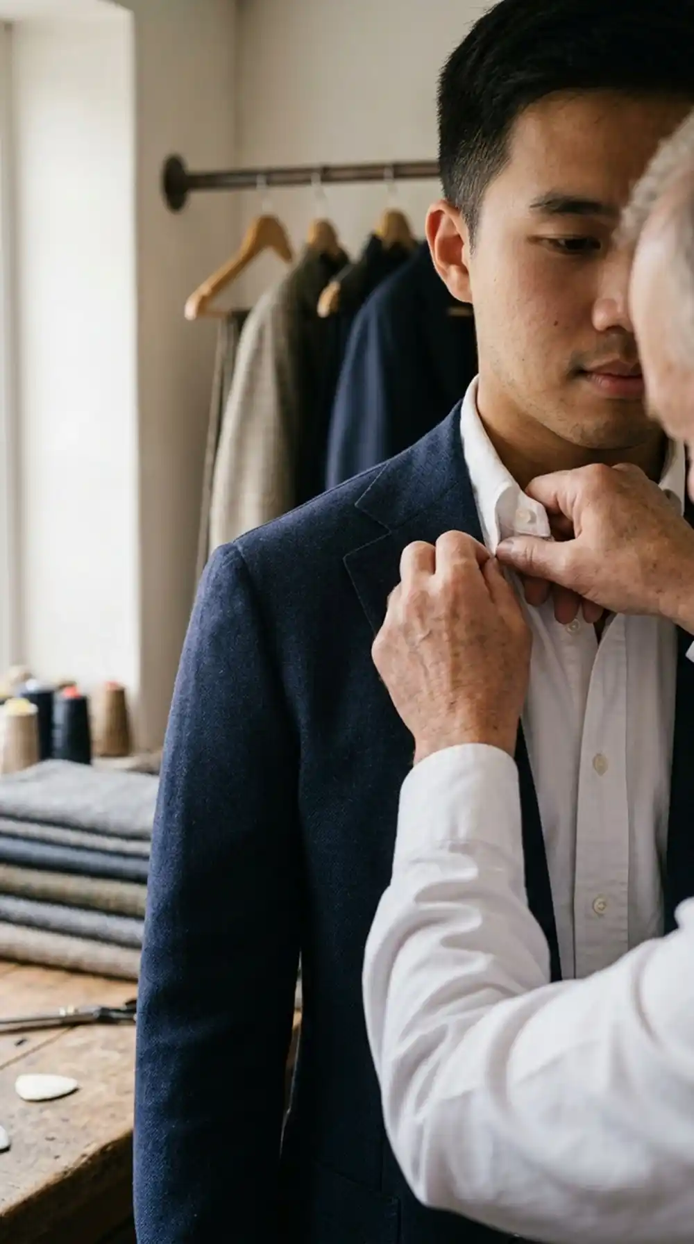 Tailor checking the shoulder and collar fit of a navy jacket on a male customer.