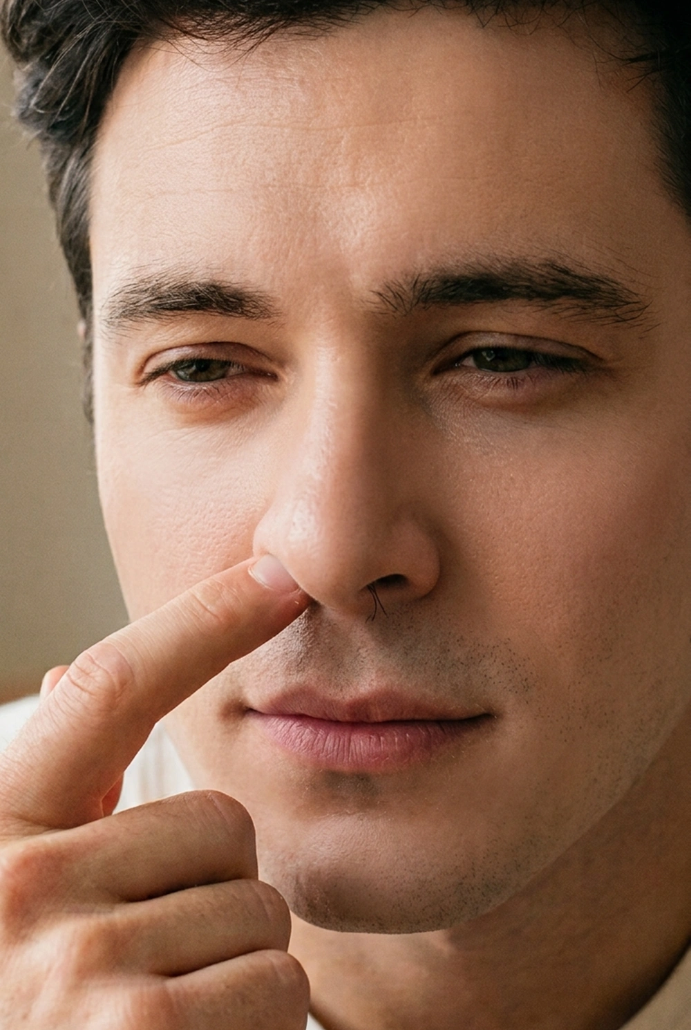 Close-up of a man noticing a long stray nose hair.