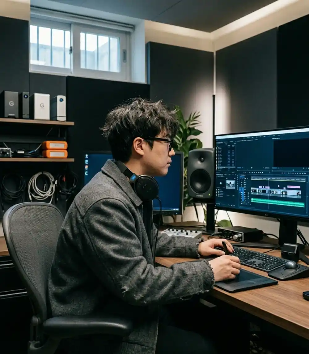 A South Korean film editor wearing a worn charcoal-grey wool blouson while working in a modern basement editing suite in Seoul.